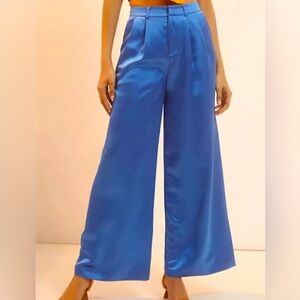 Anthropologie Du Paradis Size Large Pants Blue Sateen Wide-Leg Trousers NWT